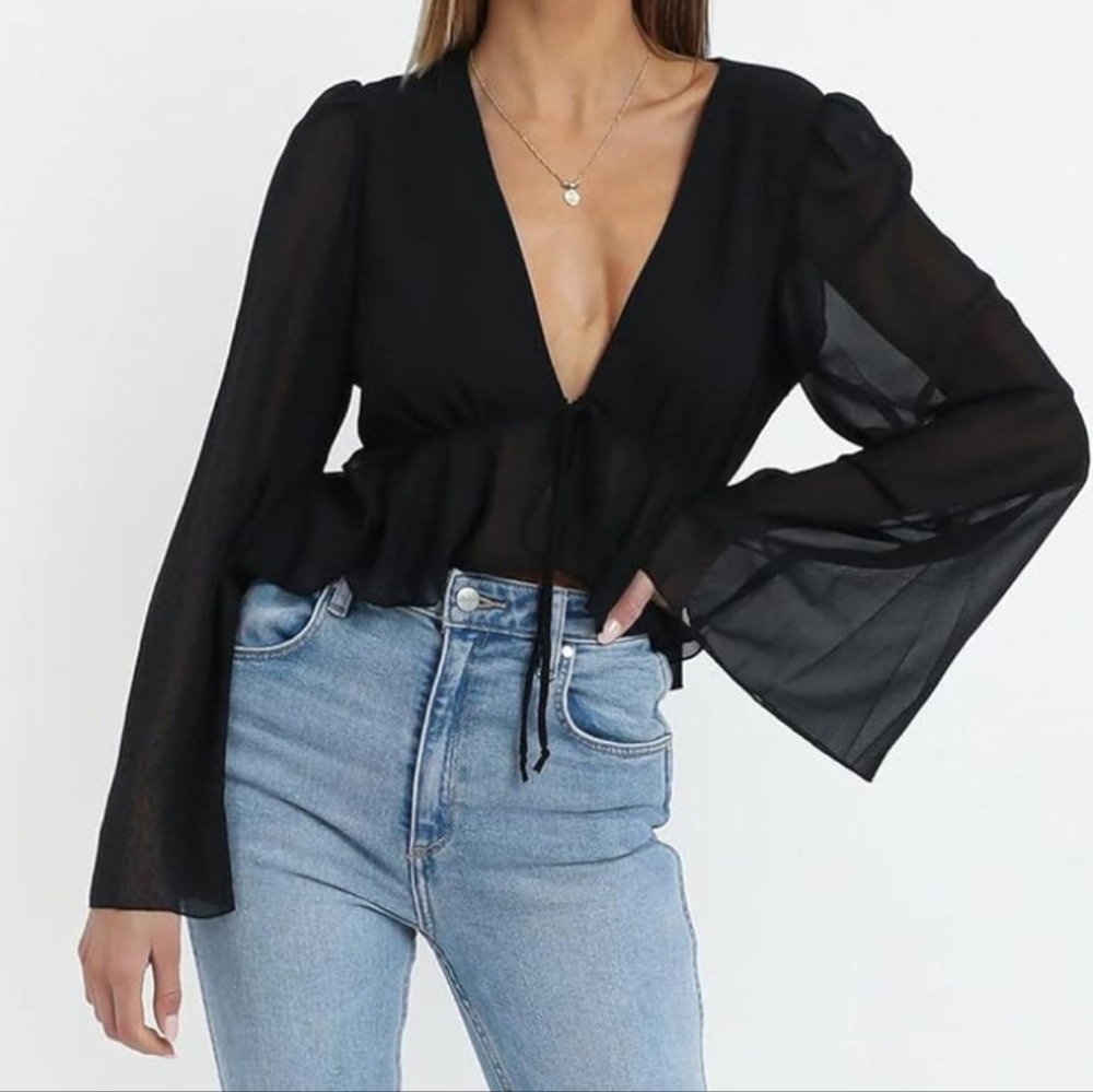 Women's Deep V Neck Long Sleeve Crop Top Chiffon Ruffle Hem Blouse Shirt Size XL